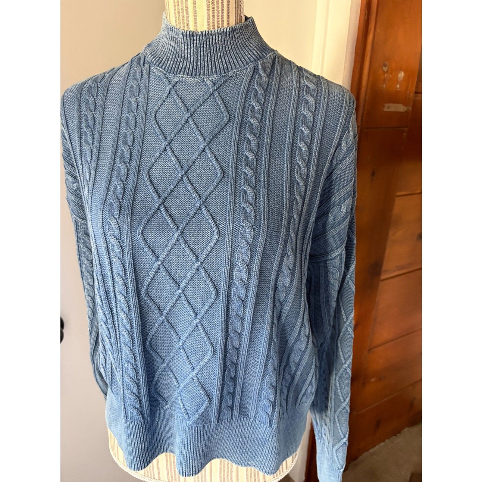 100% Cotton Vintage Blue Cable Knit Chunky Cottagecore Coastal Grandma Sweater