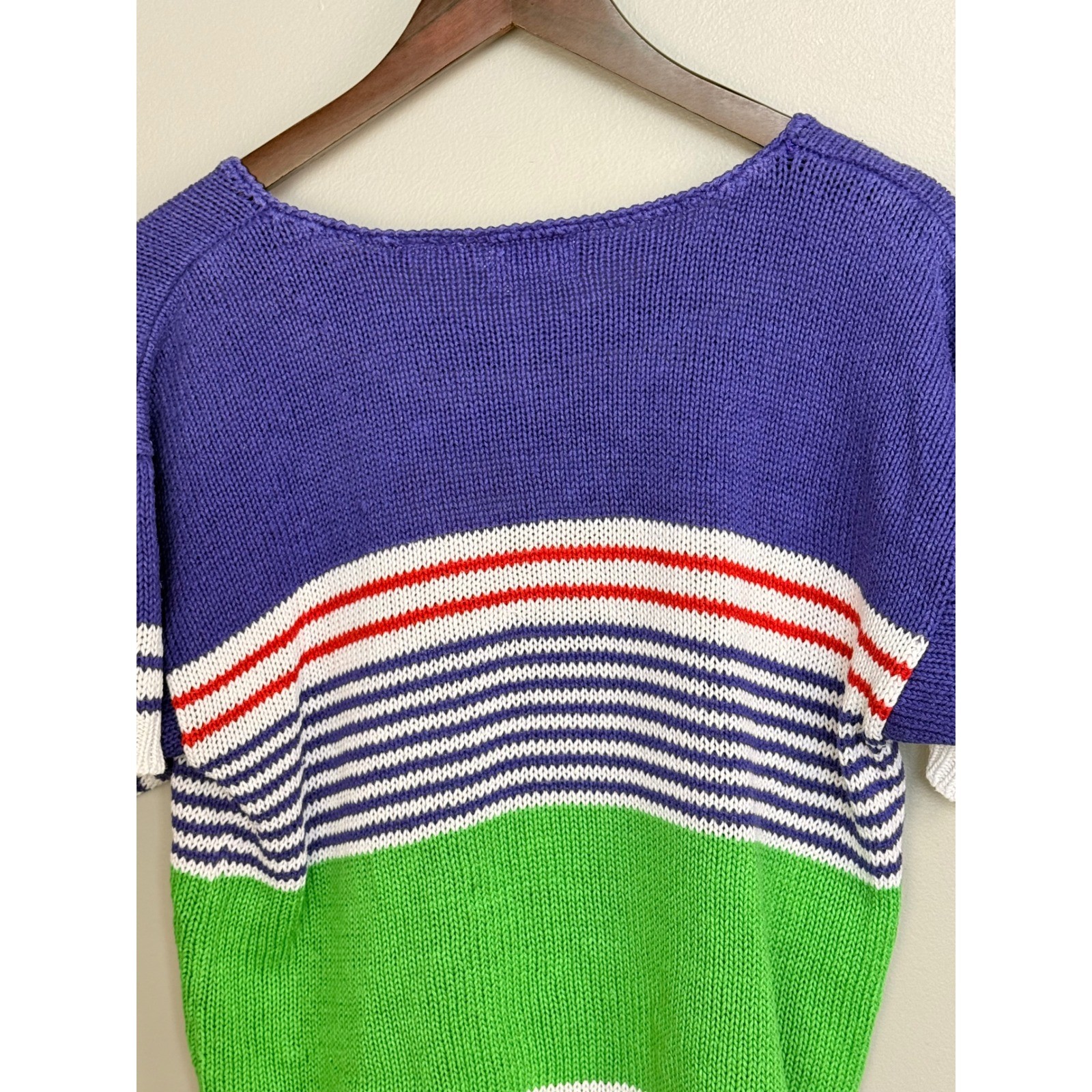 Leslie Fay Vintage 90s Knit Sweater Top Short Sleeve Colorblock Embroidered L