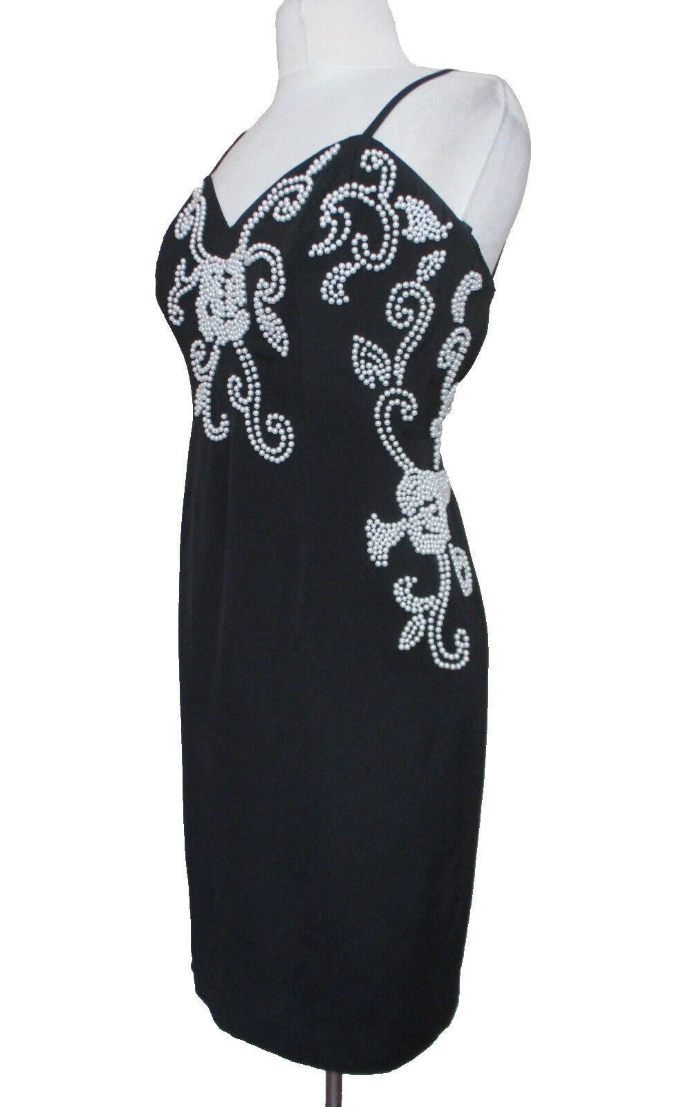 Vintage Casadei Cocktail Dress XS Women Black Tri/Poly White Pearl Beads