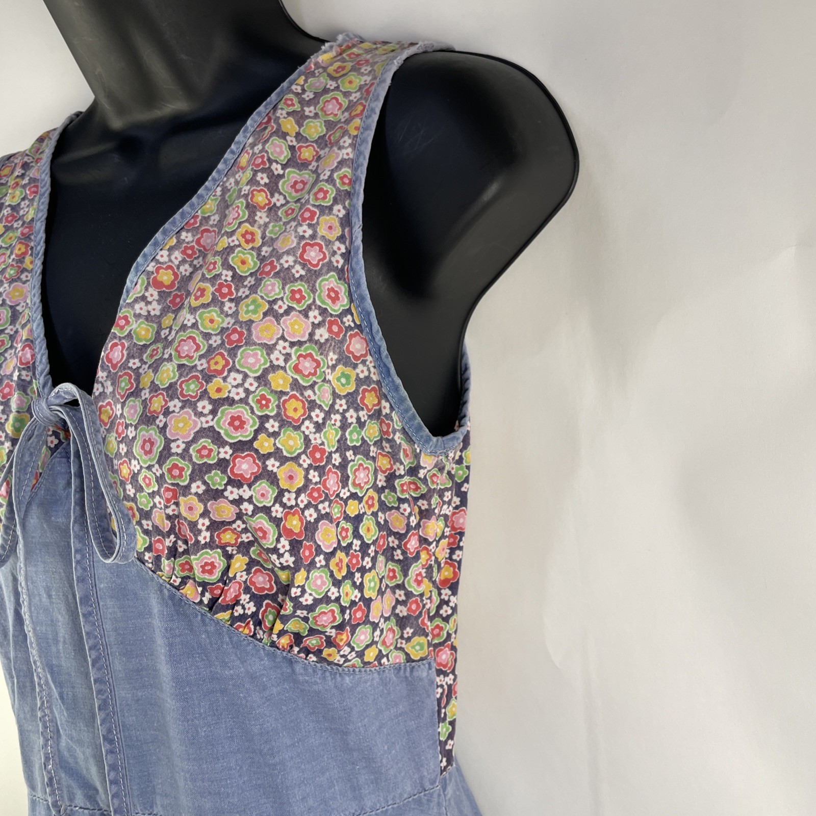 Vtg Prairie Cottagecore Chambray Calico Dress Size XS Cotton