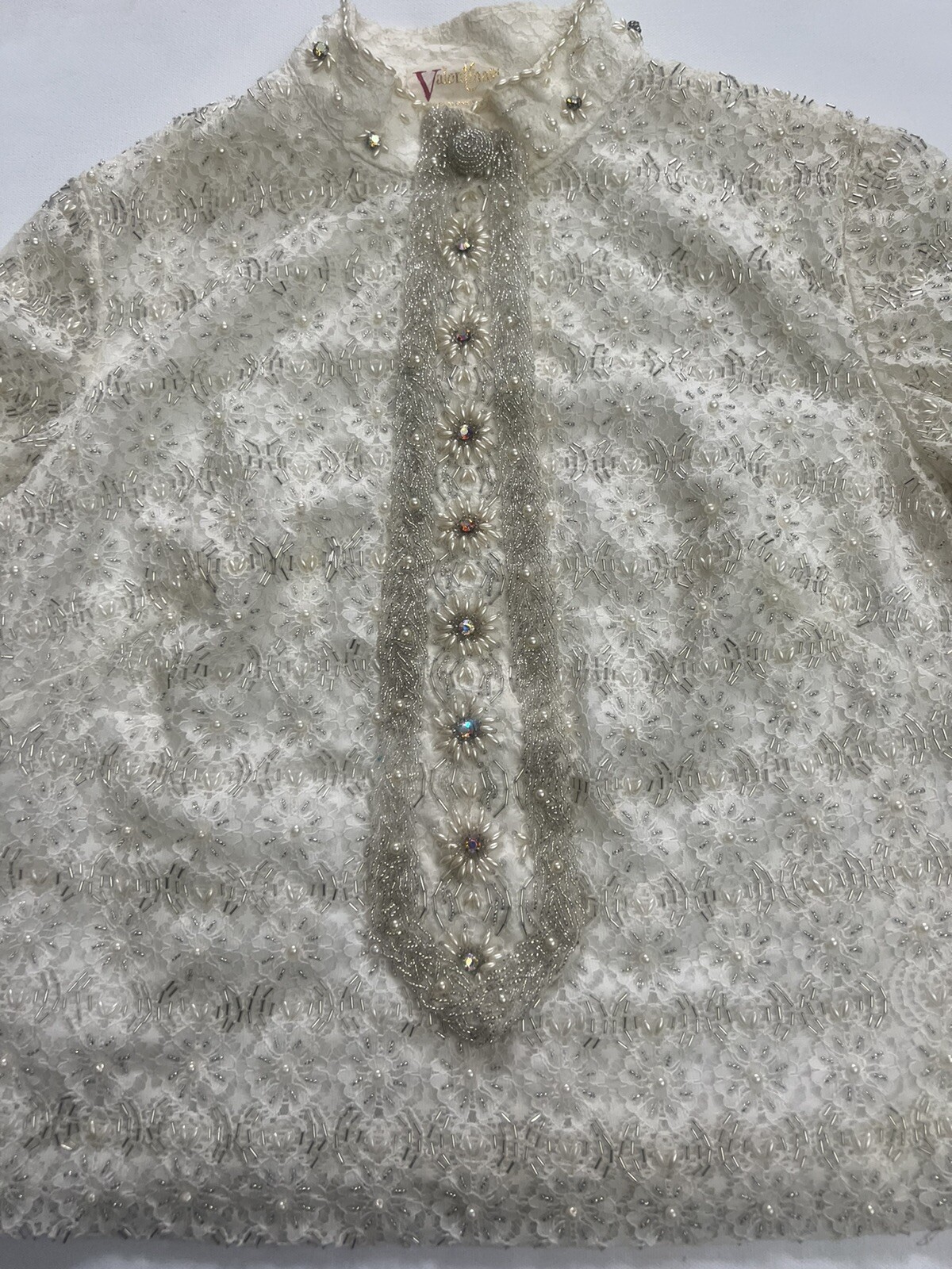 Rare 60s Vintage Valentina Designer Pearl Beaded Collared White Top Shirt