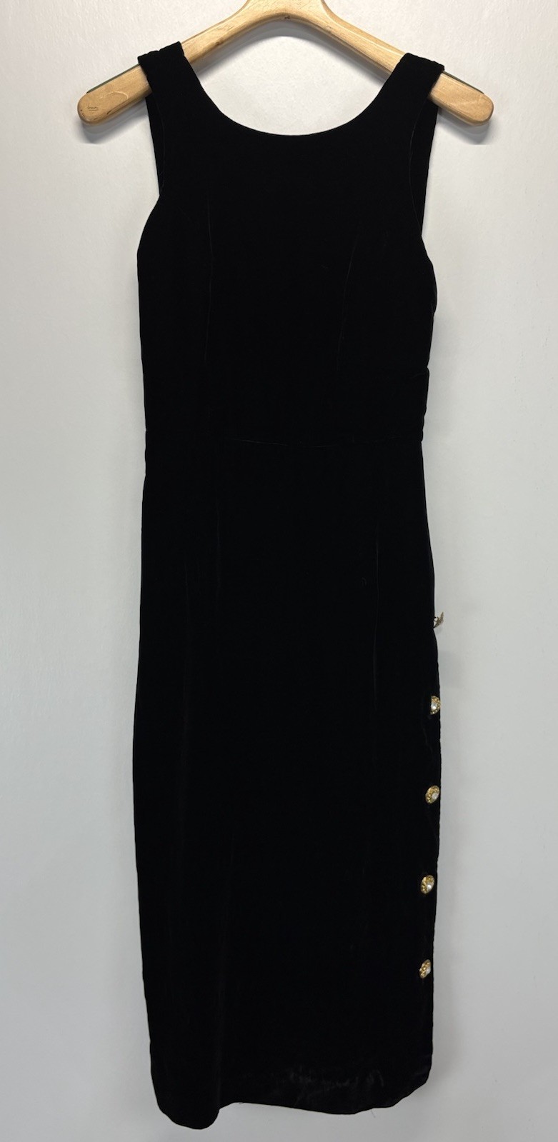 Vtg Cachet By Bari Protas Velvet Midi Dress Sz 3 4 Sheath Classic Gold Buttons