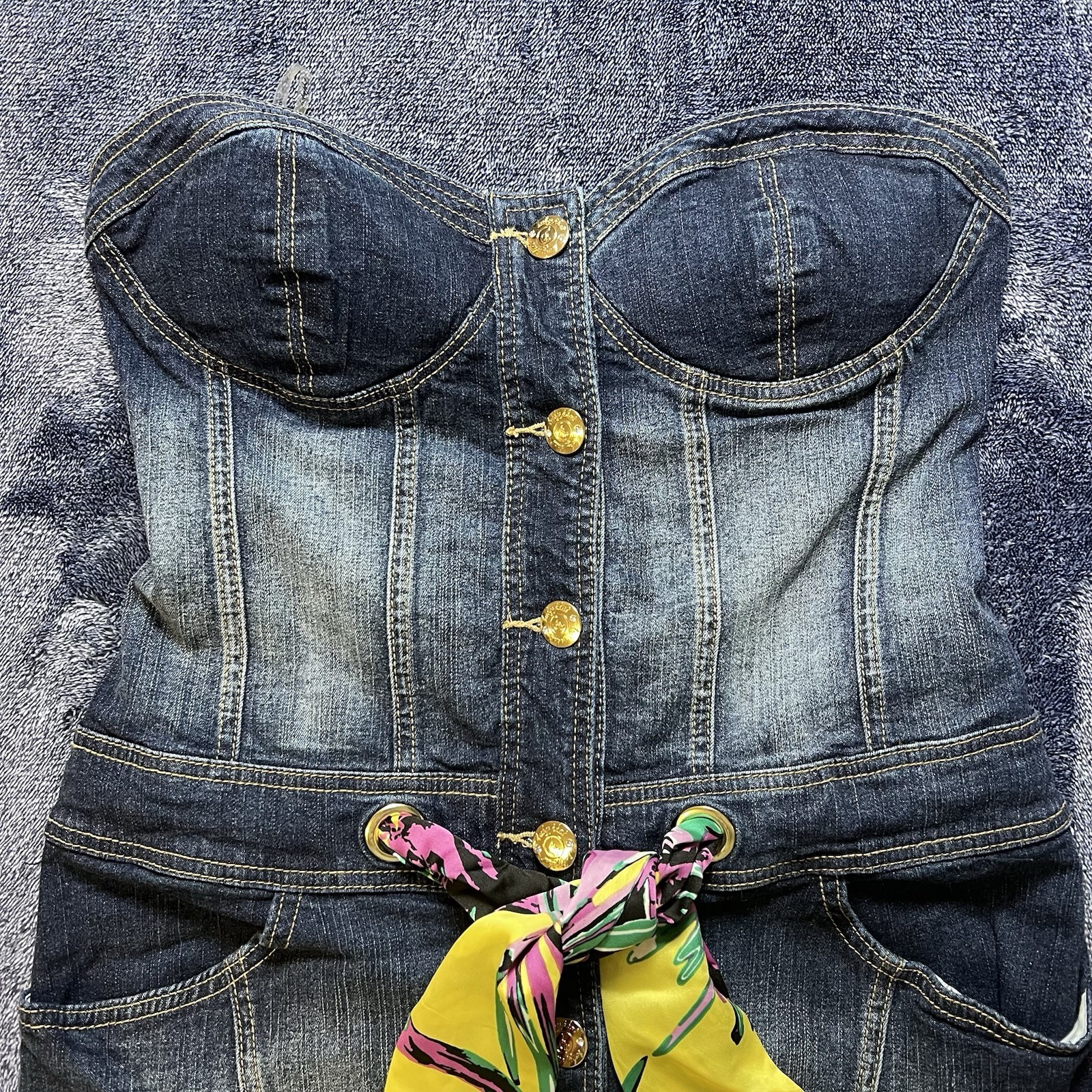 Vintage RARE Baby Phat Denim Corset Dress w/ Scarf Belt Blue Jean Bustier L
