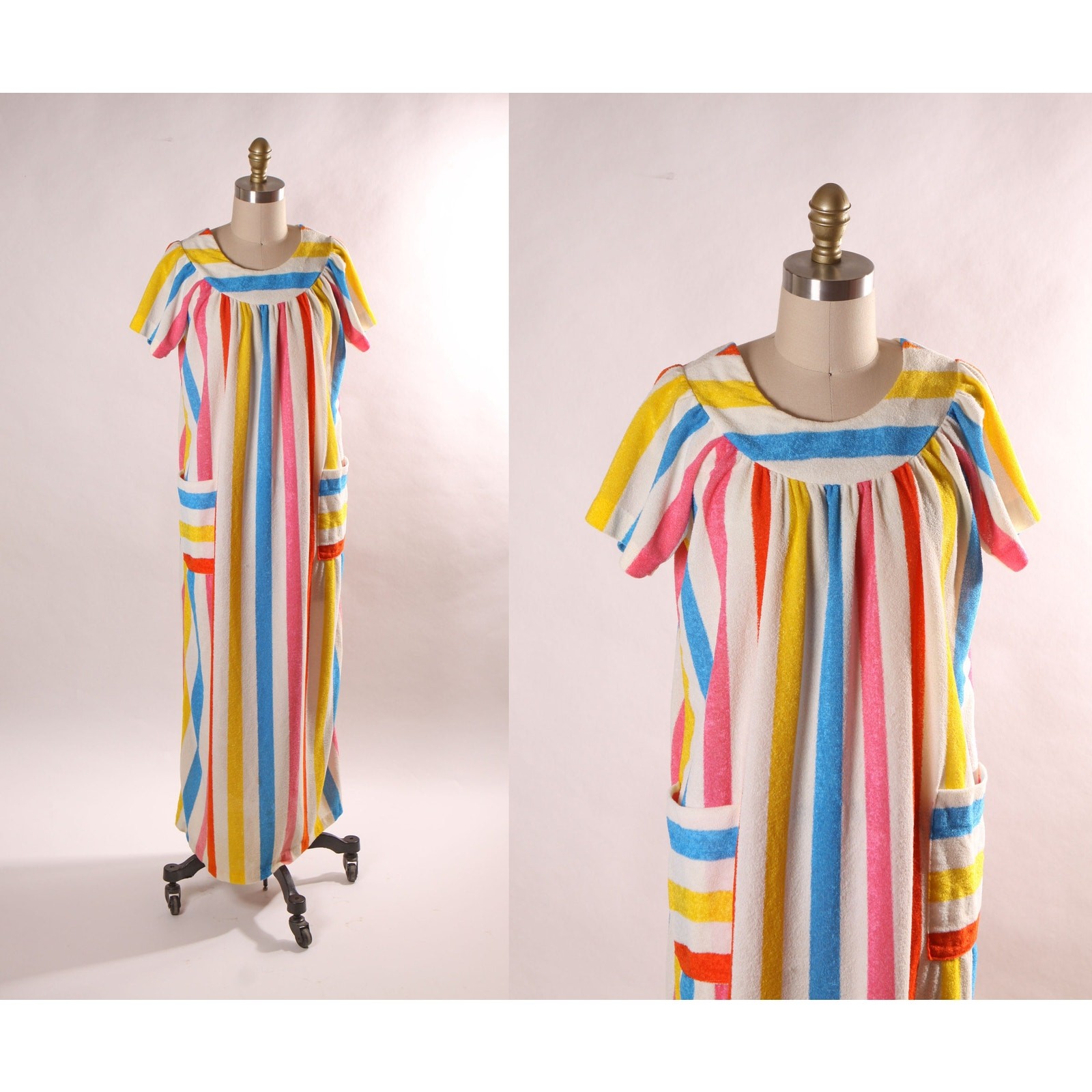 1970s White and Rainbow Striped Short Sleeve Pocketed Ankle Length Dress-S