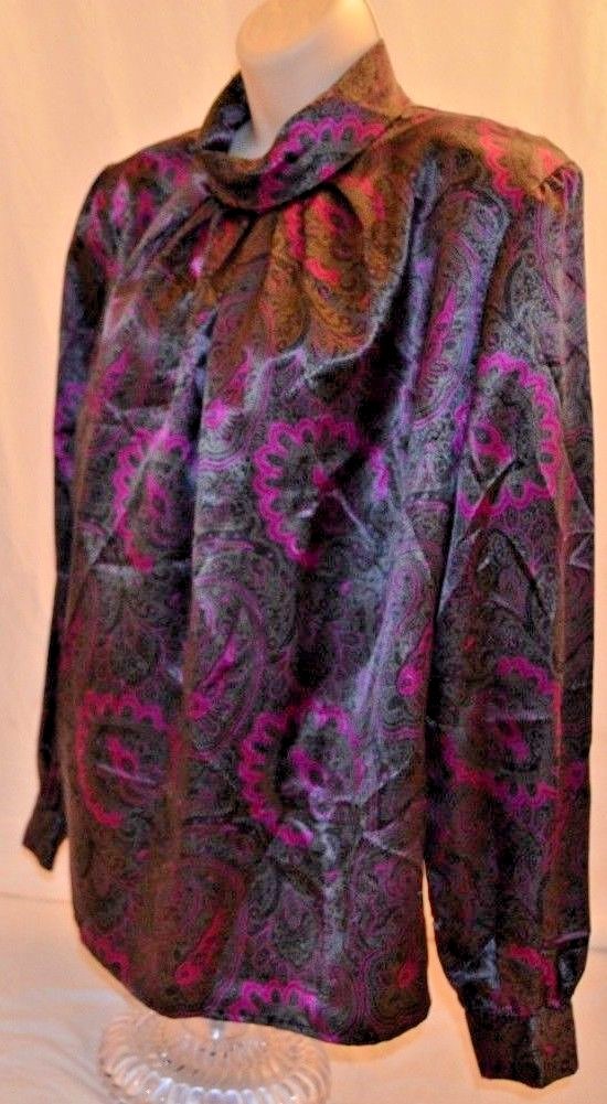 VTG 80’s 90’s Anna Kriste Black Pink Silky Womans Blouse SZ 12 Made in USA EUC