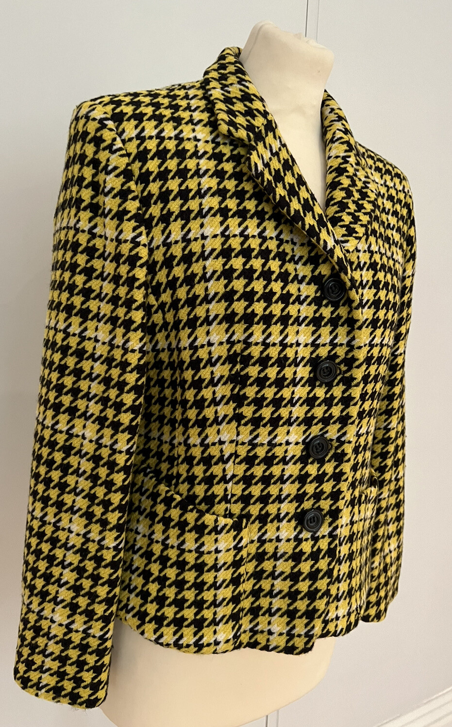 Mondi Vintage 1980s Sunshine Yellow Houndstooth Wool Jacket Size Small UK 8 USED