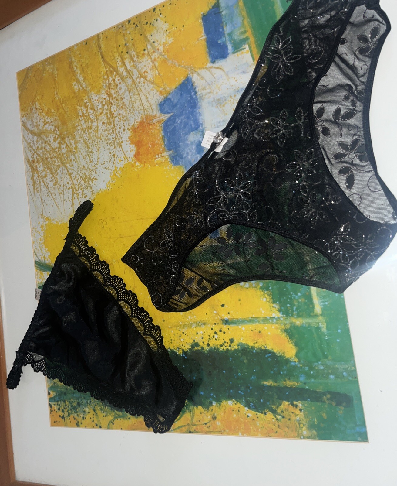 Vintage No Excuses Large High Cut Glossy Lace Shiny Thong Panties & Hipster