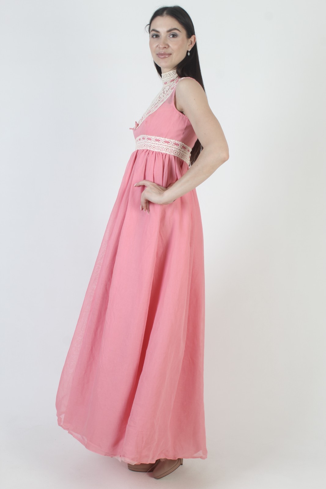 Vtg 70s Pink Prairie Dress High Waist Crochet Lace Victorian Boho Wedding Gown
