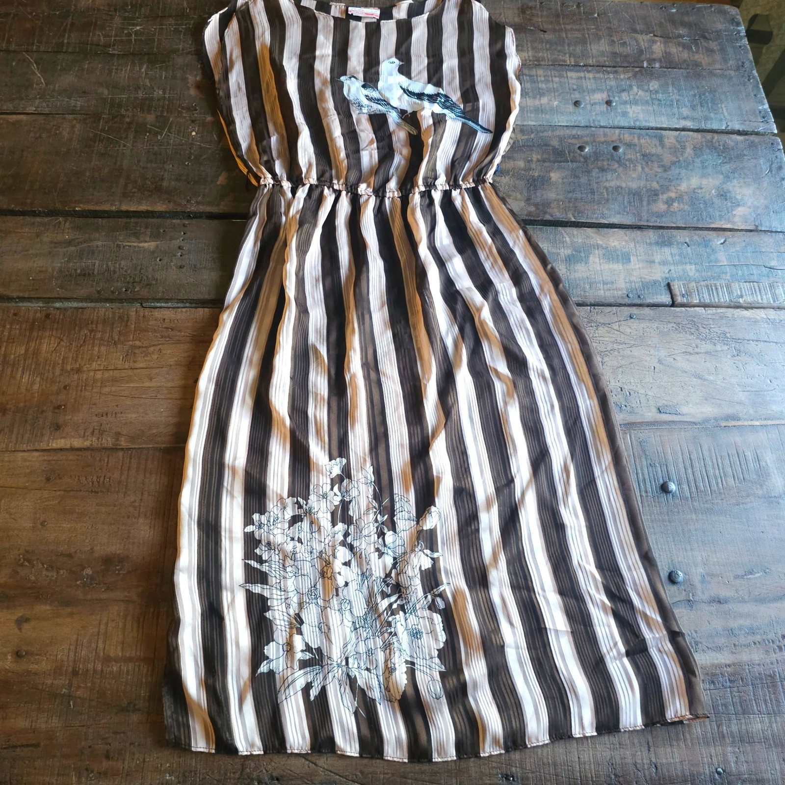 Vintage 70s Charline Striped Bird Floral Midi Dress Pink Brown Cream Dove Sheer