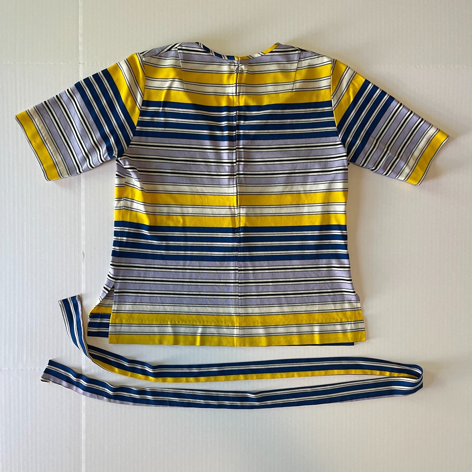 Vintage 60s Aladdin Striped Top Blouse Yellow Blue Purple V-Neck with Waist Tie