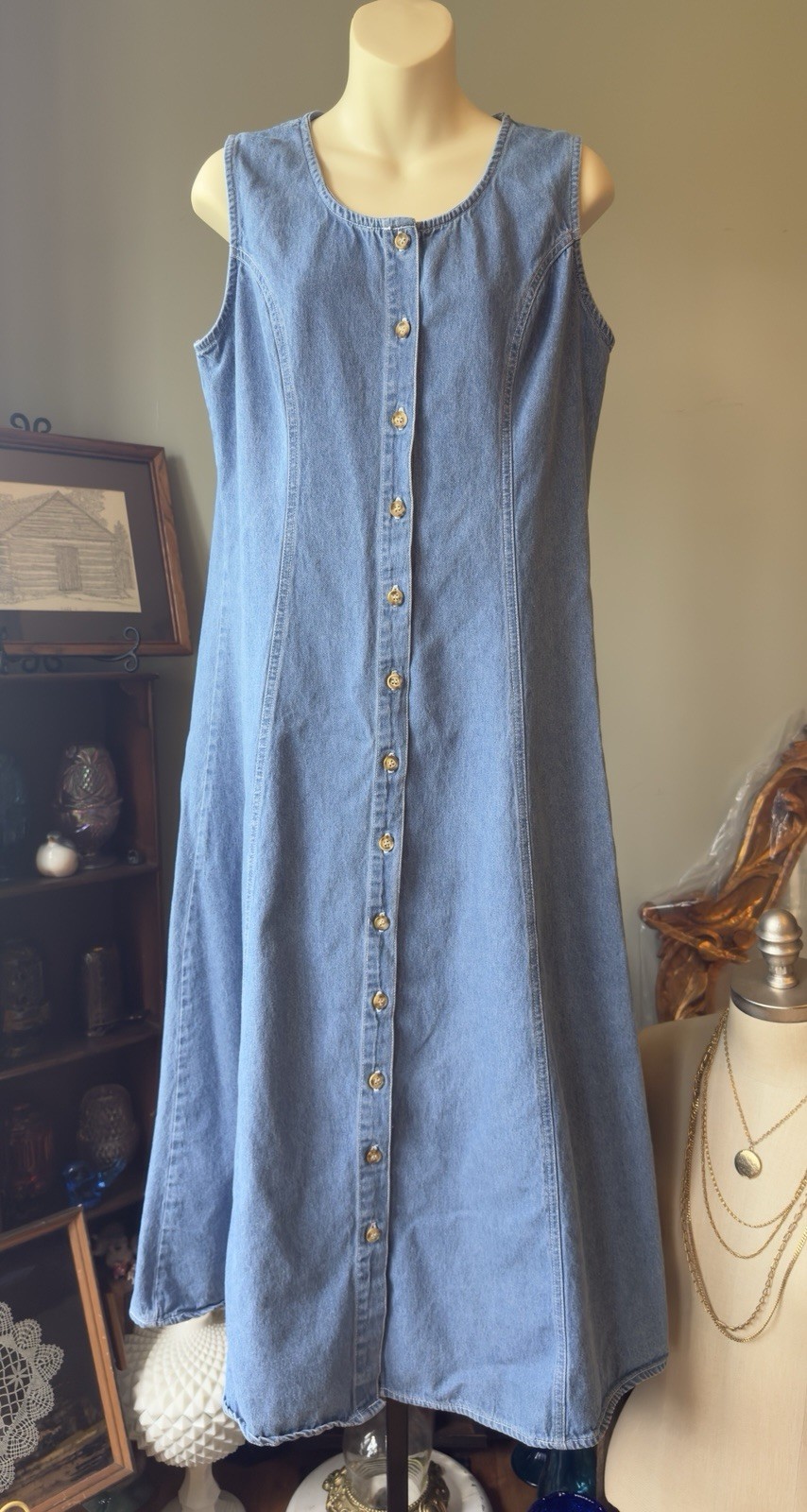 FADS VINTAGE 1980s DENIM DRESS 100% COTTON SIZE 14 SLEEVELESS BUTTON DOWN