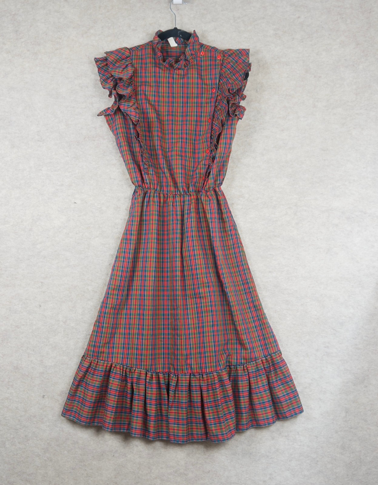 Vintage 60s 70s Red Plaid Ruffle Prairie Midi Dress Best Fit S/M Western Holiday