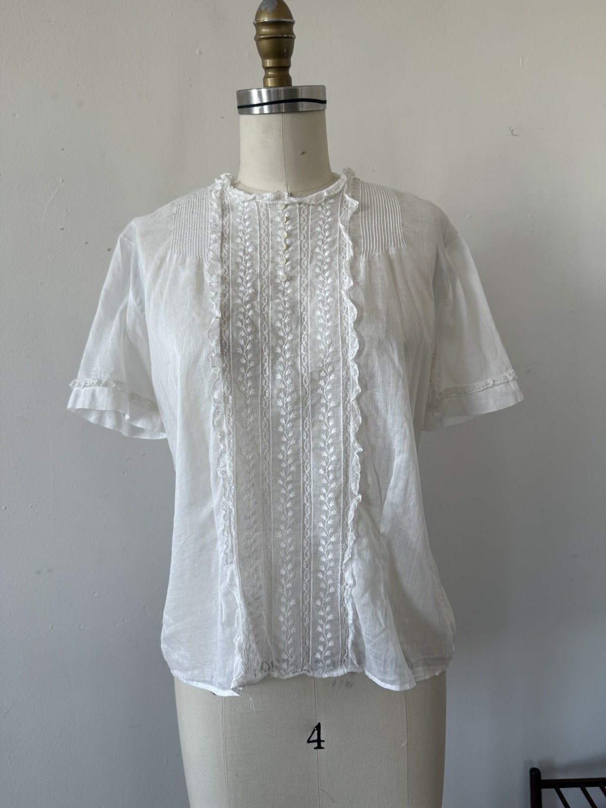 Antique Edwardian 1910s Sheer While Cotton Voile Blouse Embroidered Lace Panels
