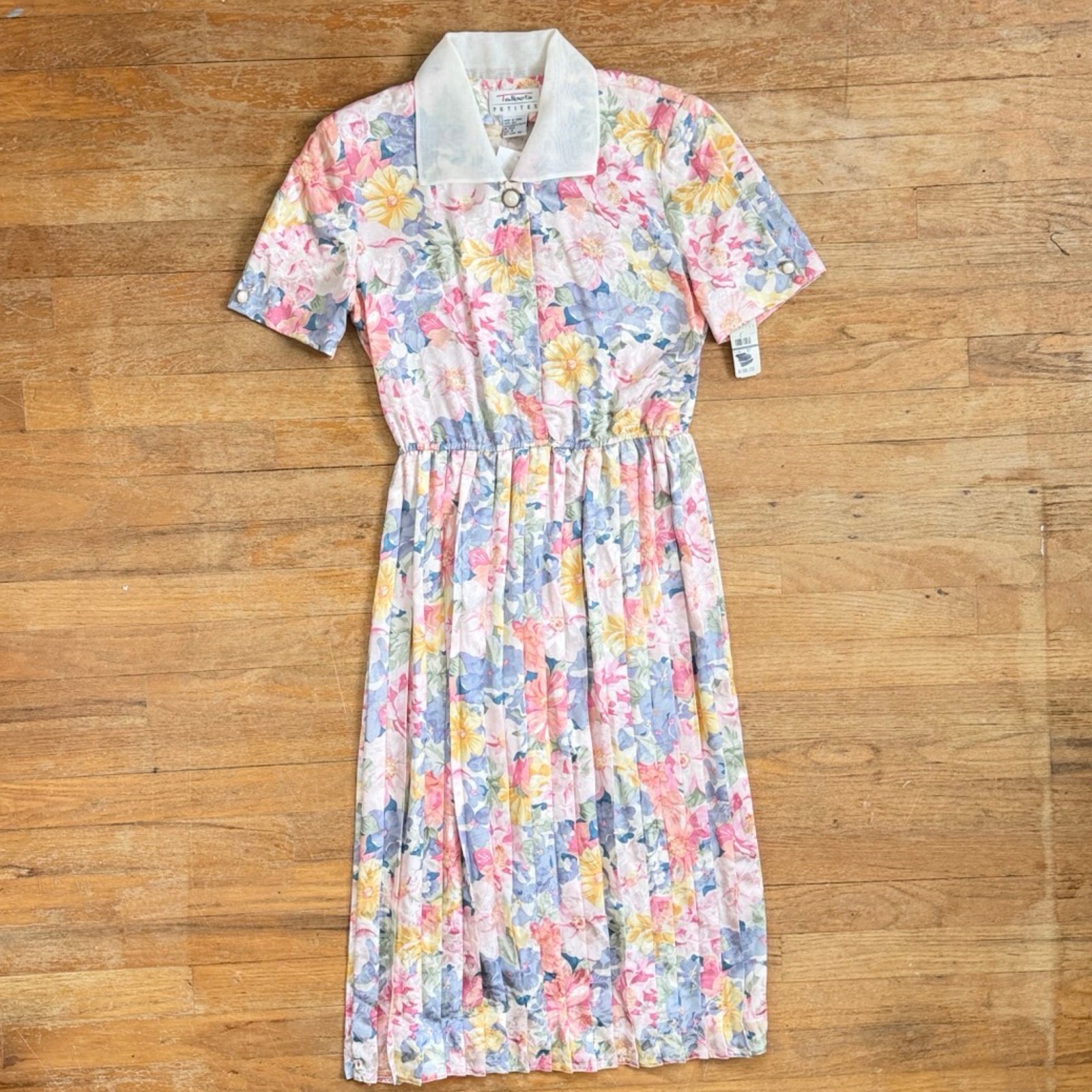 Vintage Pastel Floral Silk Dress Size Medium 80s Colorful Pleated Embossed
