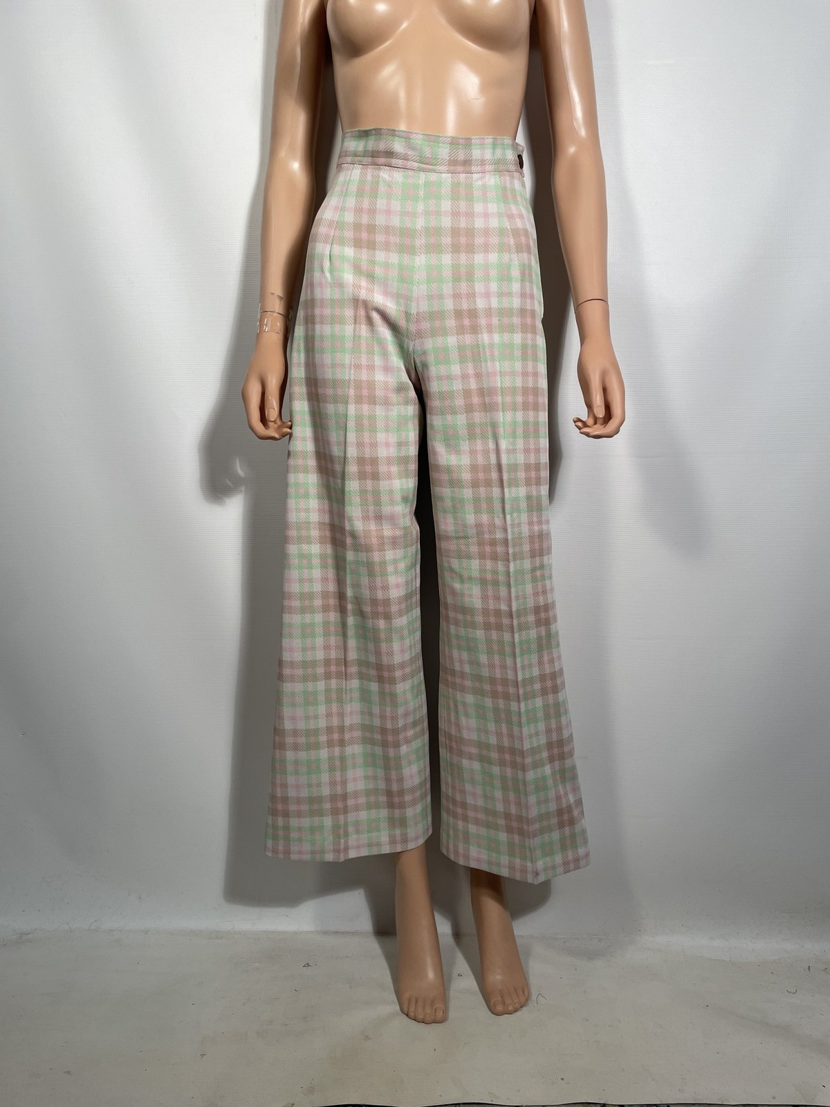 Vintage 1970s Plaid High Waist Wide Leg Polyester Pants Size S