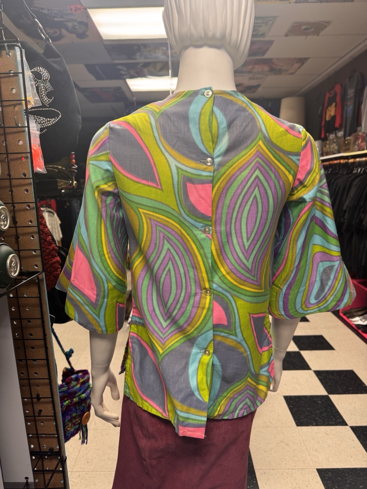 1960s Handmade Psychedelic Top With Back Buttons Mid Bell Sleeves