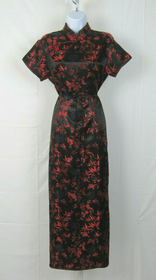 VTG 1960s 70s JAPANESE ETHNIC DRESS BLACK FIRE RED FROG BUTTONS ROPE BELT