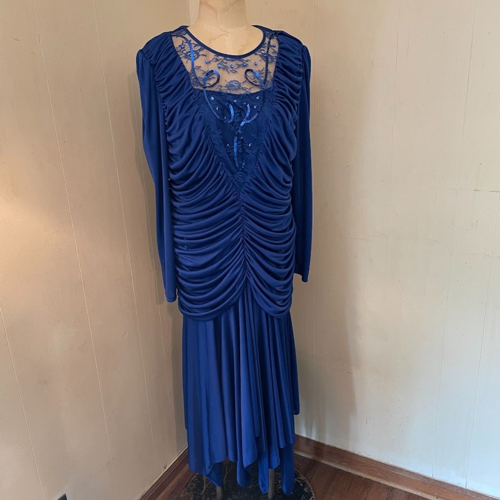Vintage 80s FILIGREE COCKTAIL DRESS Ruched Lace Sequins Dynasty Glam xl