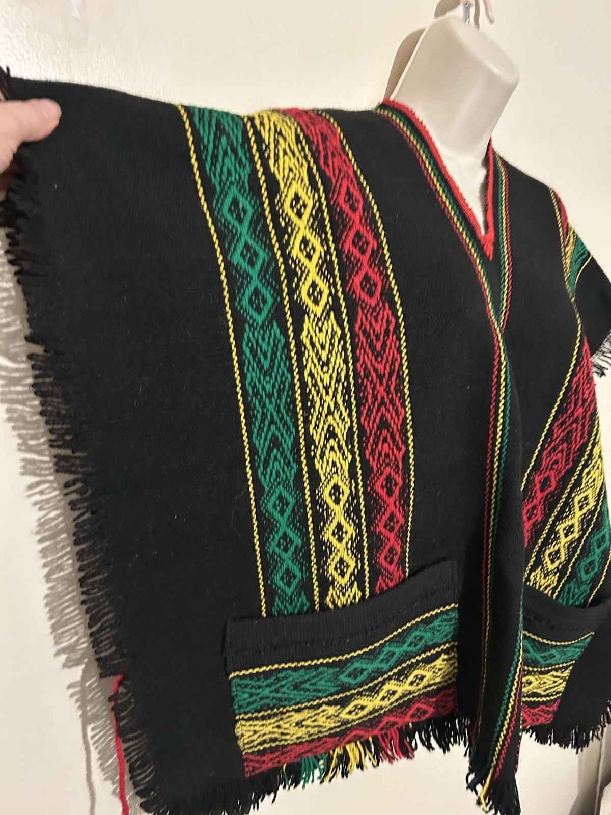 VTG Handmade Wool Blend Argentinian Poncho Vest One Size Black Green Red Yellow