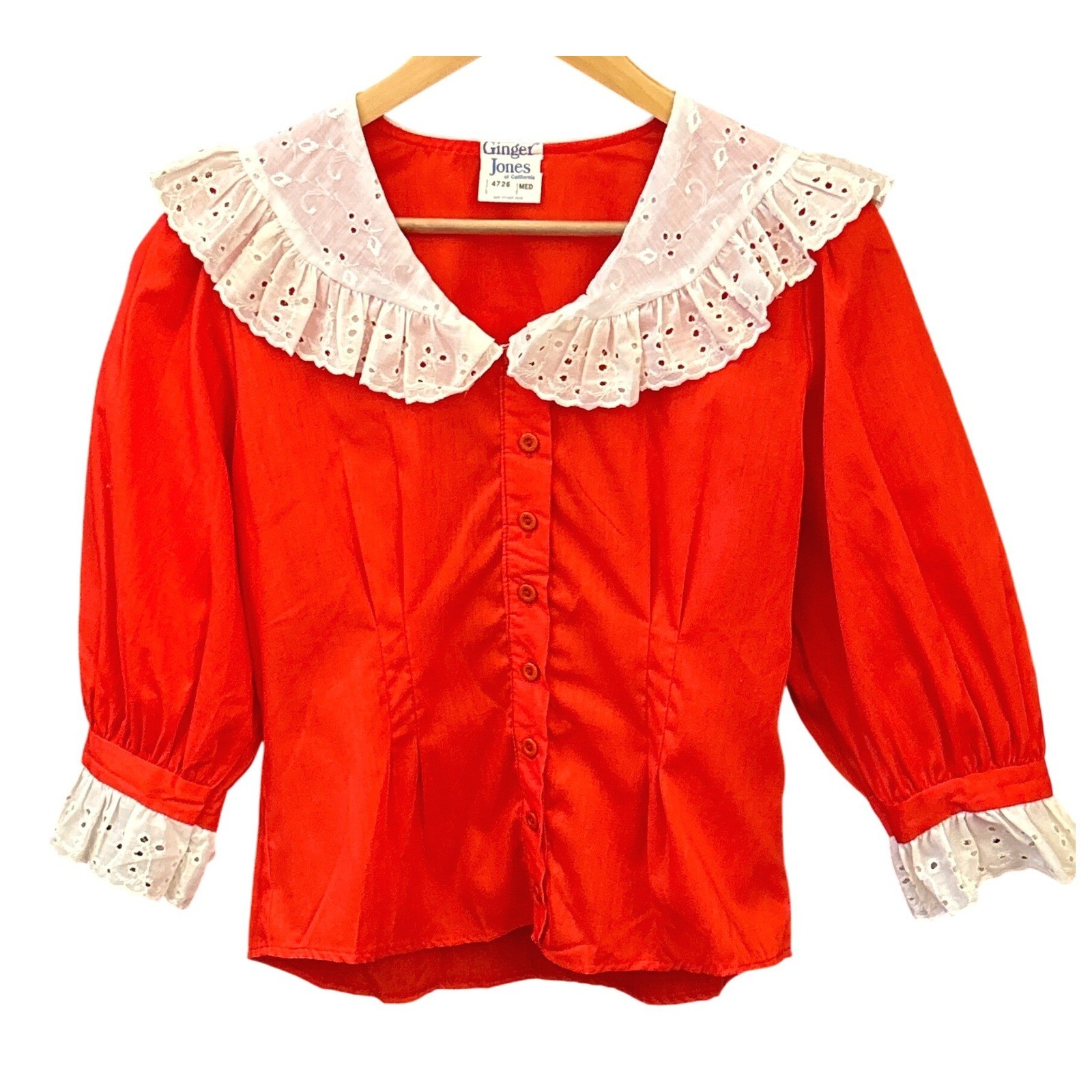 Vintage Ginger Jones Blouse Eyelet Lace Collar Cottagecore Prairie Retro Red