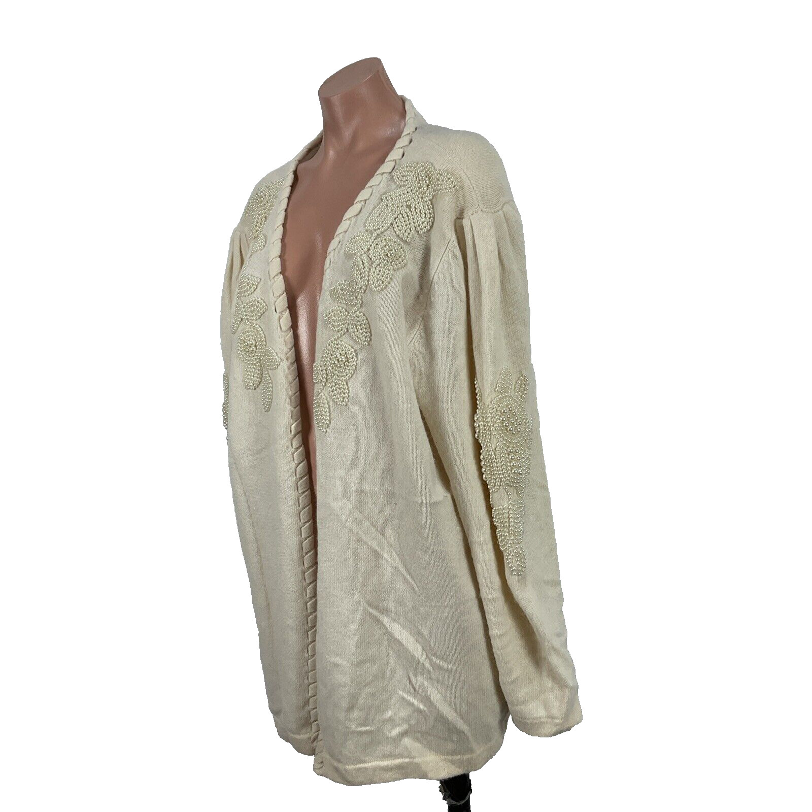 Vintage Cervelle Cardigan Sweater Ivory PLUS 2X Pearl Beads Shoulder Pads Angora
