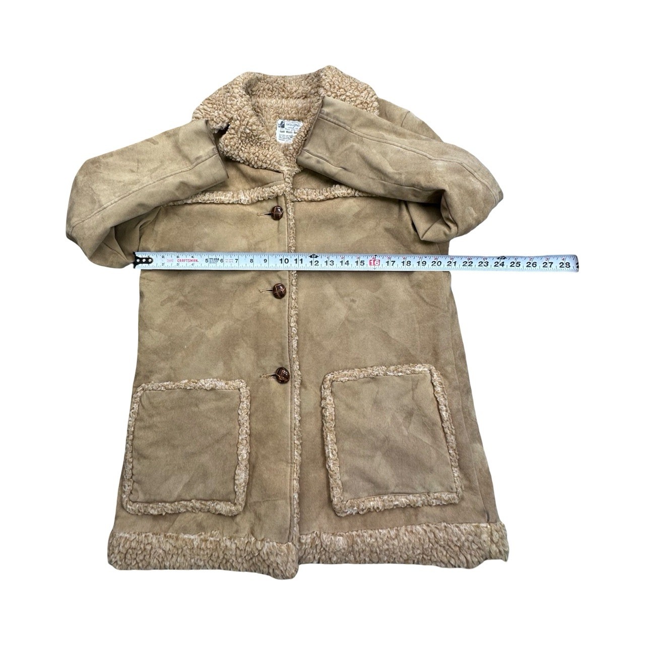Fingerhut Fashions Coat Women 16 Tan Faux Suede Sherpa Trim Vintage 70s Boho USA