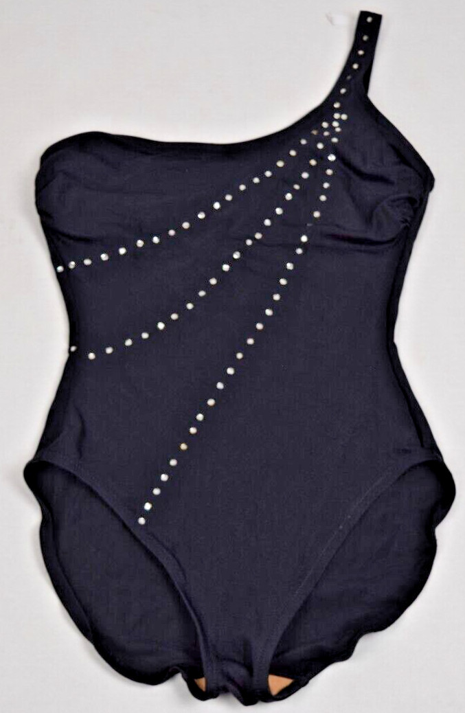 Vintage Swimsuit DeWeese Size 10/32 S/M 60s Black Rhinestone Stripes 1 Shoulder