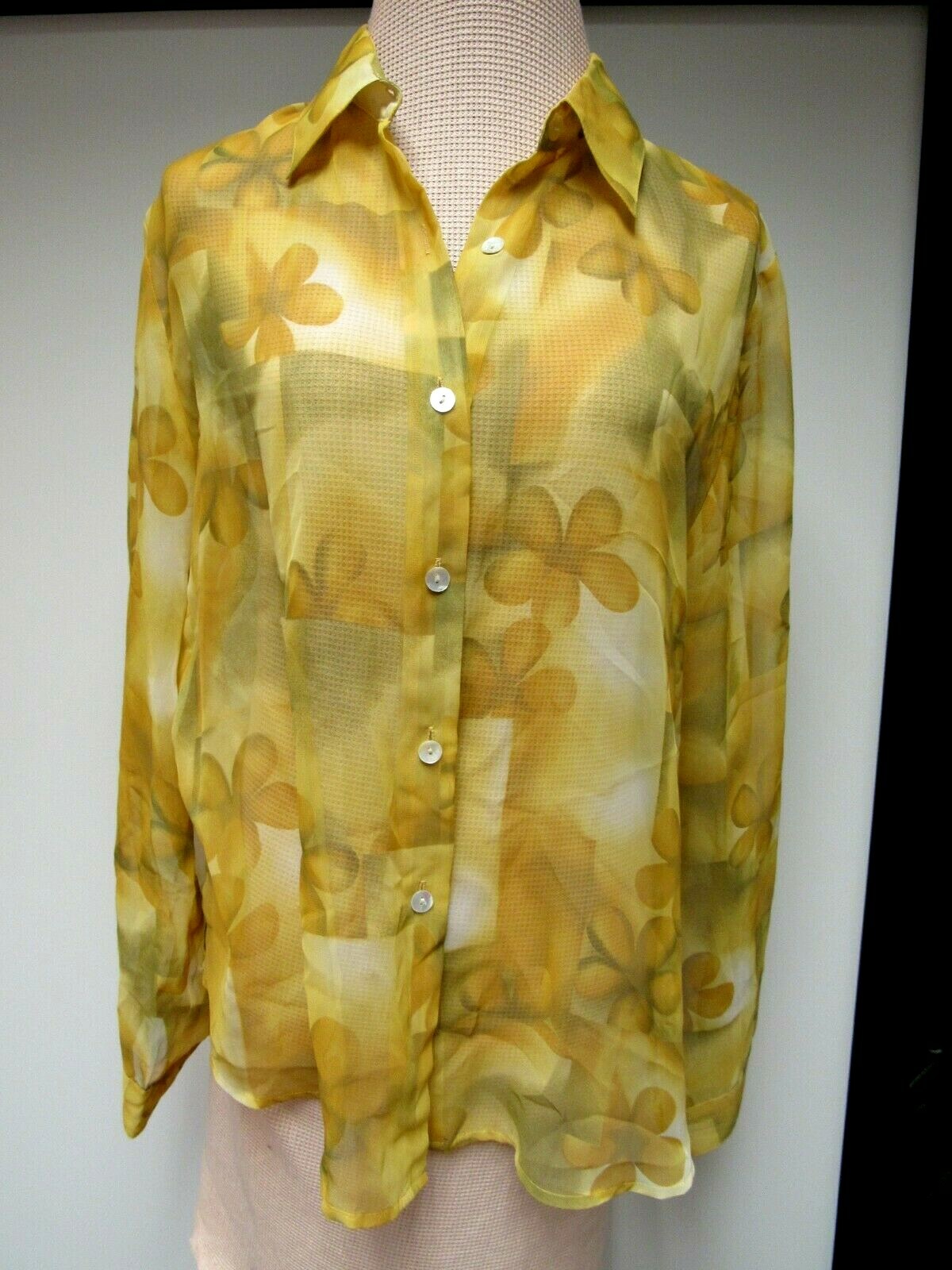 VTG E.K. DESIGNS Sheer Blouse Top Floral Mother of Pearl Gold Olive Geo L EVC