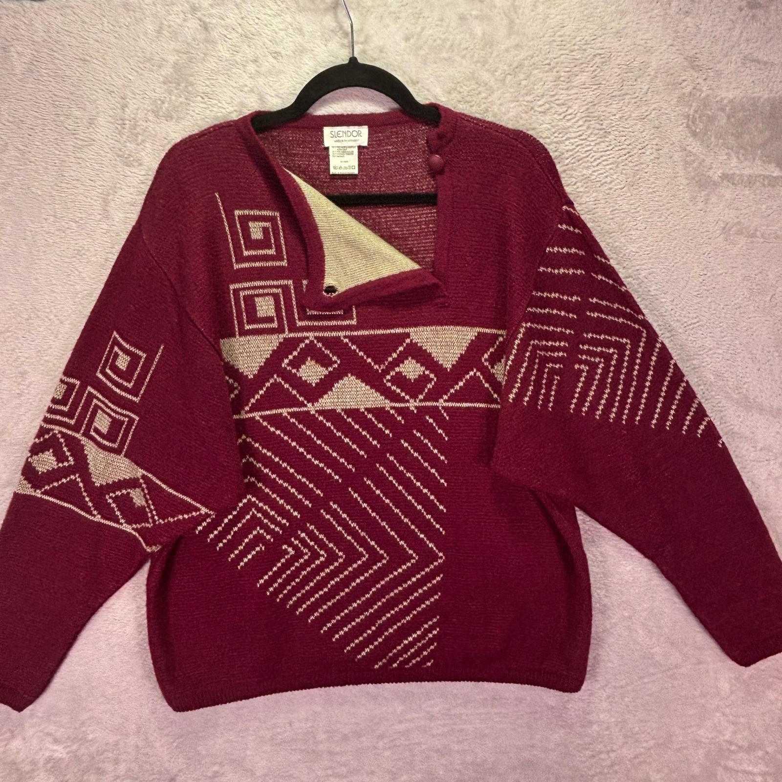 Vtg Slendor Womens Sweater 16 XXL Burgundy Geometric Mohair Blend West Germany