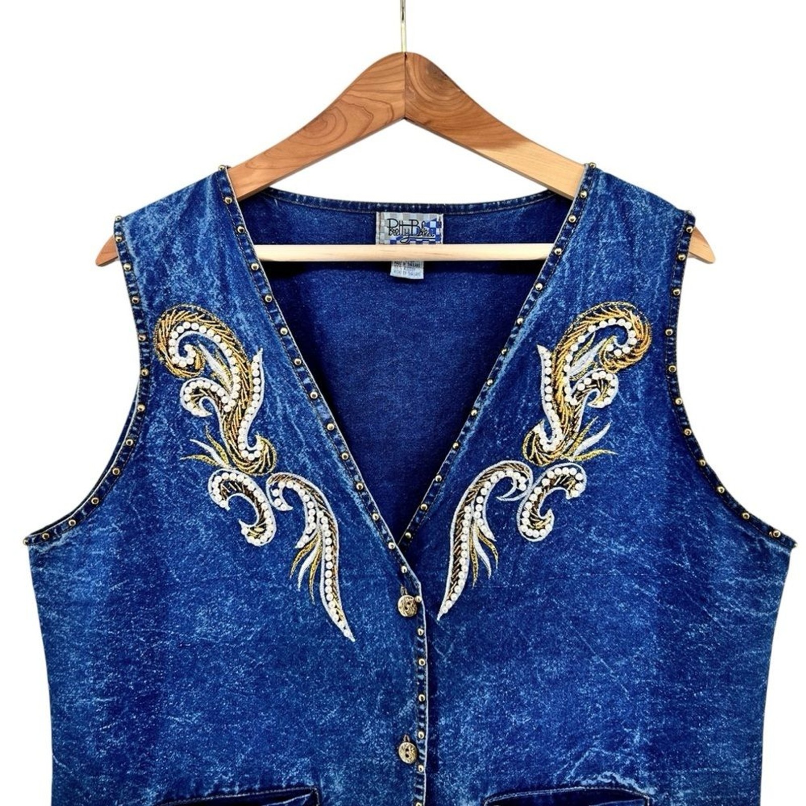 Vtg Pretty Bleu Gold Embellished Western Denim Jean Vest Sz L Beaded Embroidery
