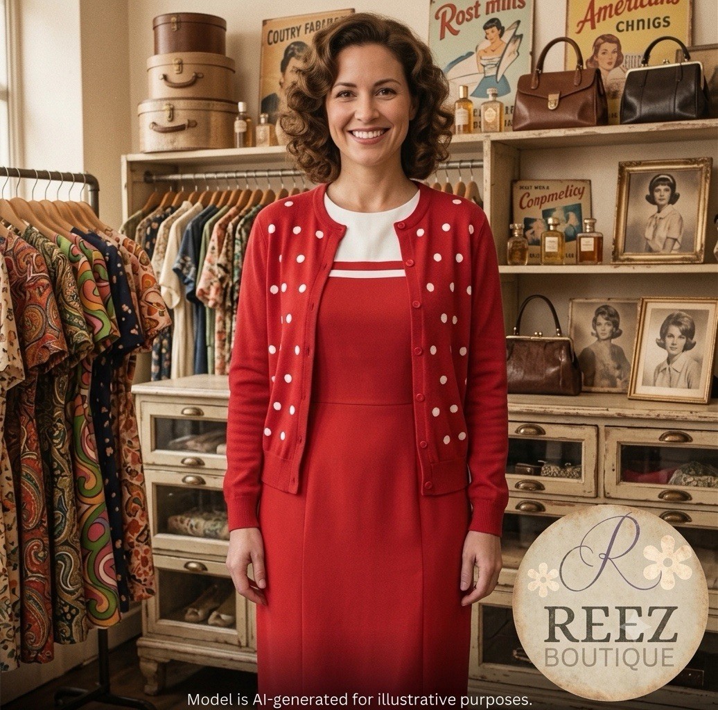 VTG Bahari Group 2 Piece Dress Set Women’s Size 16 Red White Polka Dot Cardigan