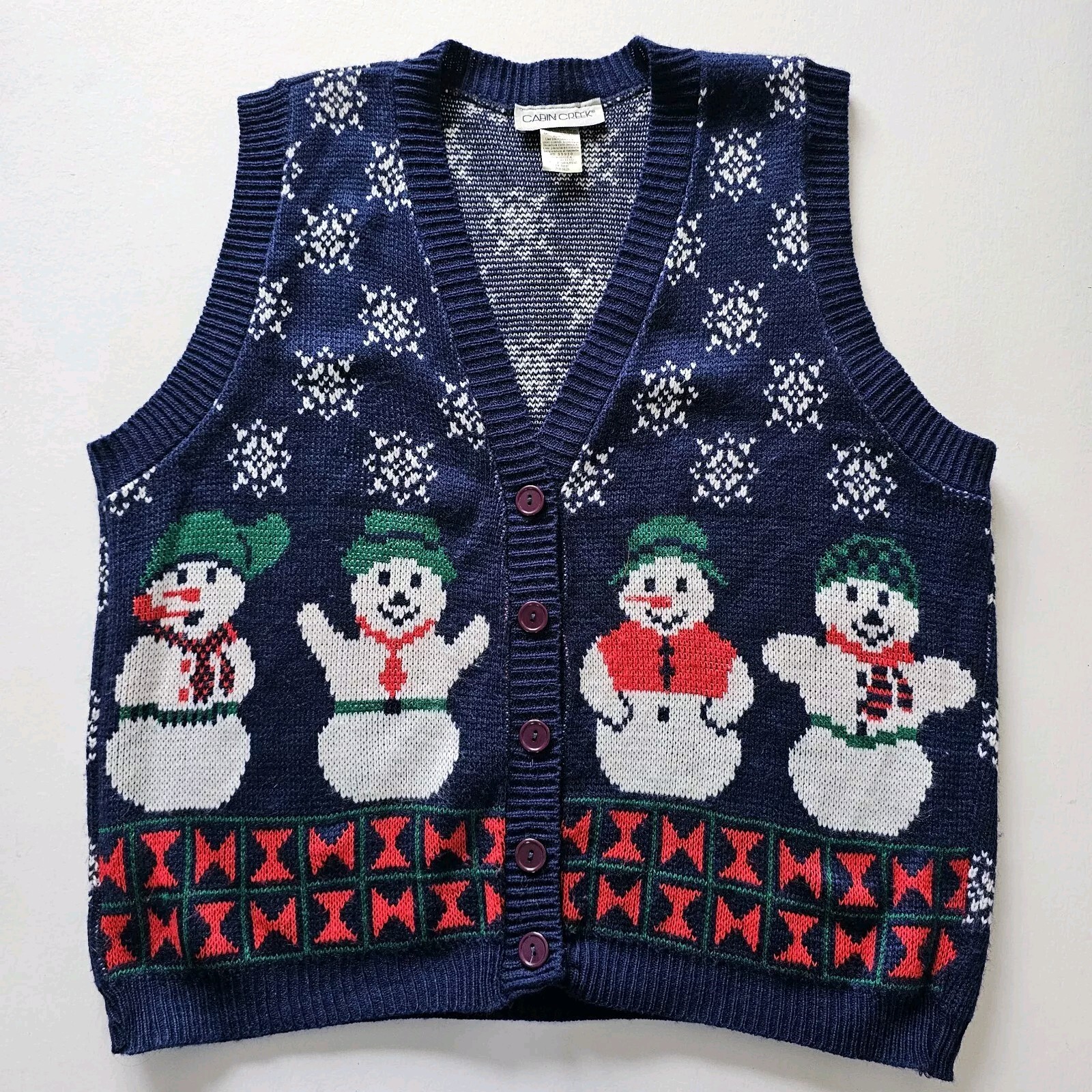 Vintage Cabin Creek 80s Blue Christmas Snowman Sweater Vest Size LP