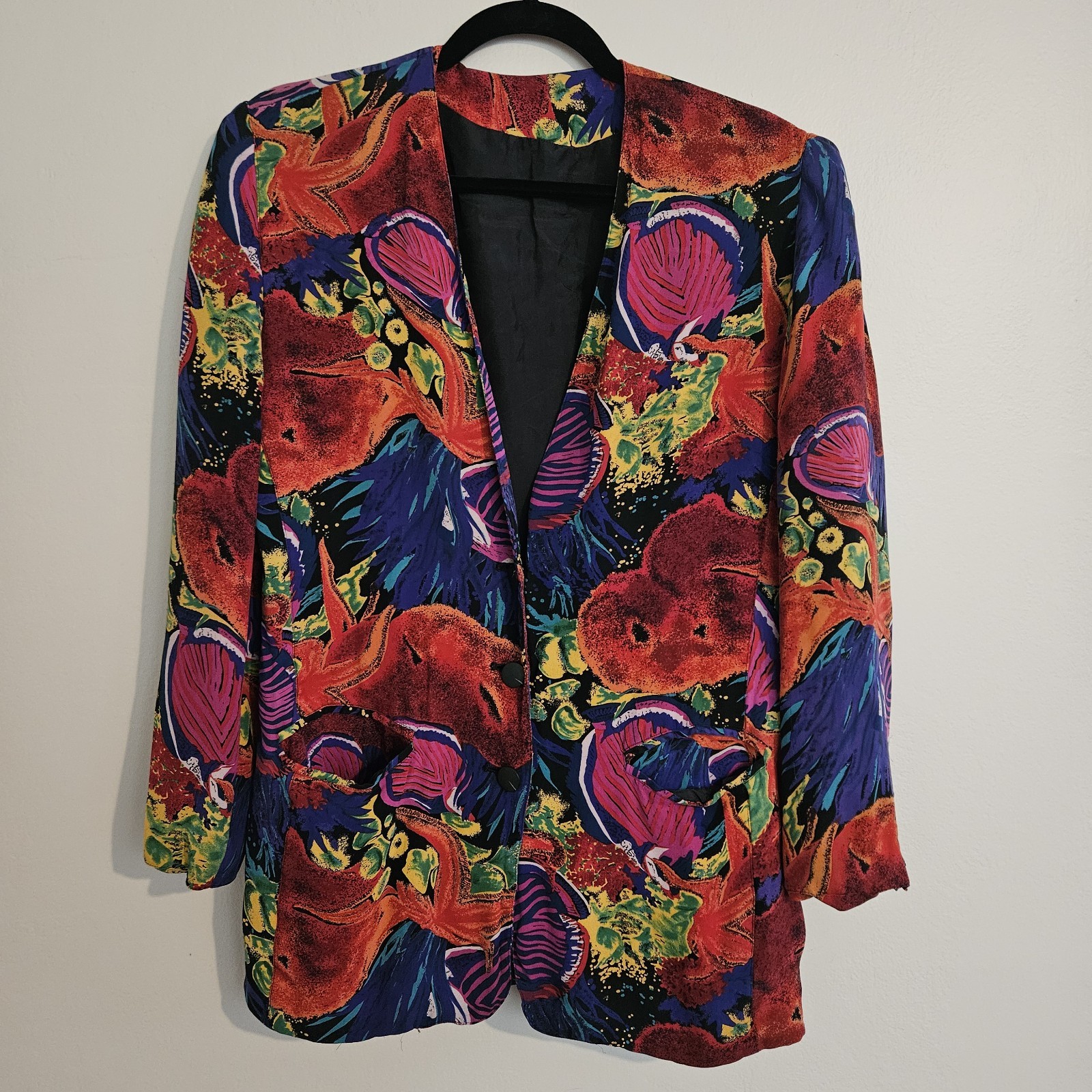 Sanyo Vintage Silk Vibrant Tropical Sea Life Red Blue Green Blazer Jacket Medium