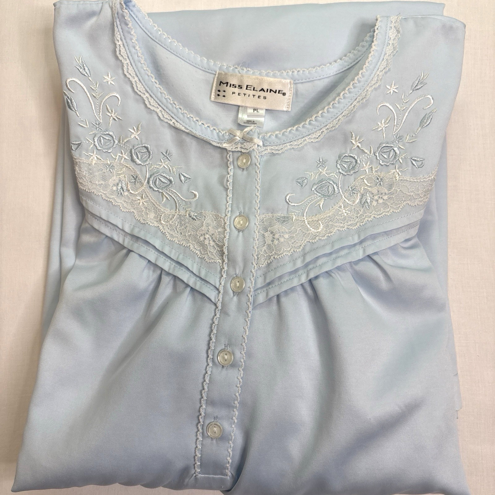 Miss Elaine Petites PL Nightgown Blue Long Sleeve Lace Embroidered Floral