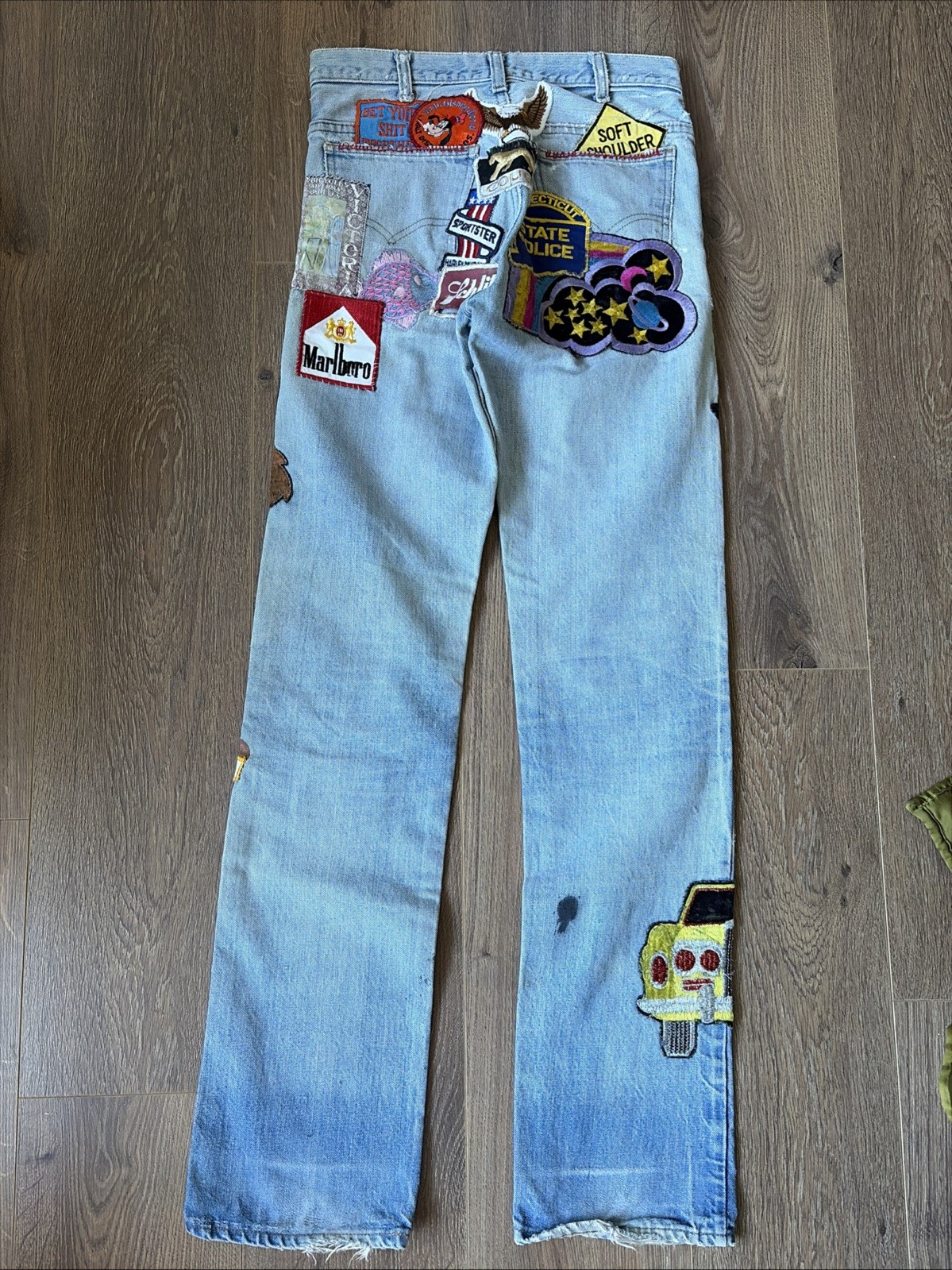 Vintage 1970s Levi Patchwork Denim Bohemian Hippie Jeans Glam Rocker 30×34