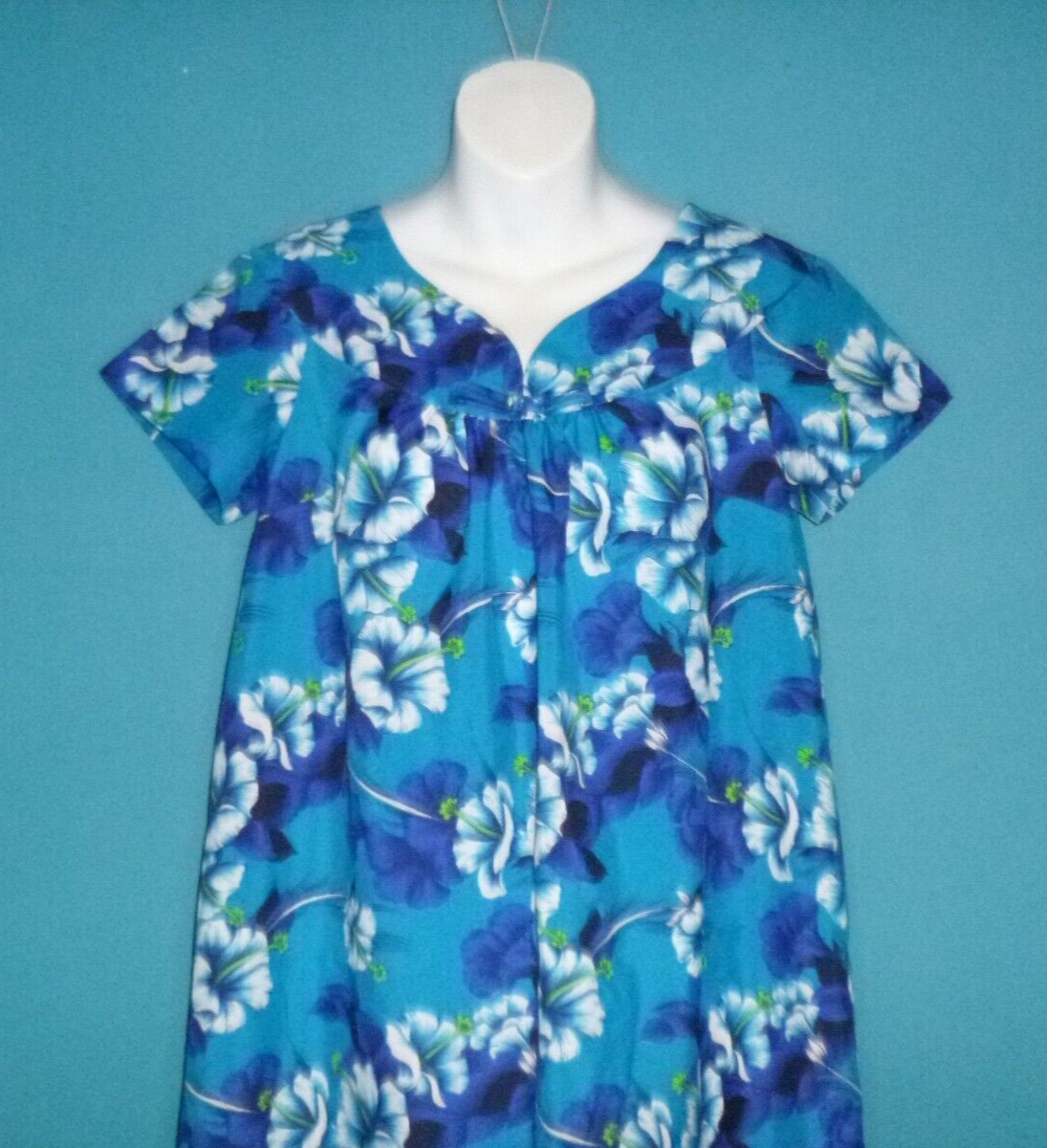Vtg 60s 70s Ti’a Hawaiian House Dress MuuMuu Blue Aqua Floral Sz S/M
