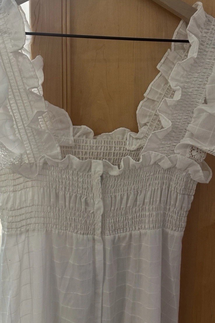 Vintage 1970s Handmade White Prairie Maxi Dress Smocked Lace Cottagecore S/M