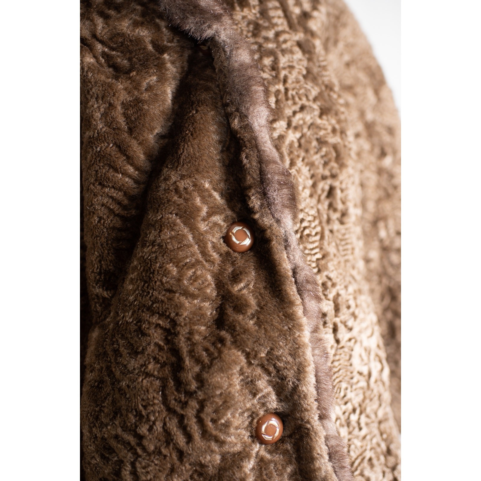 Vintage 1960s Brown Faux Curly Lamb Fur Swing Coat, Glam Old Money Jacket, S M