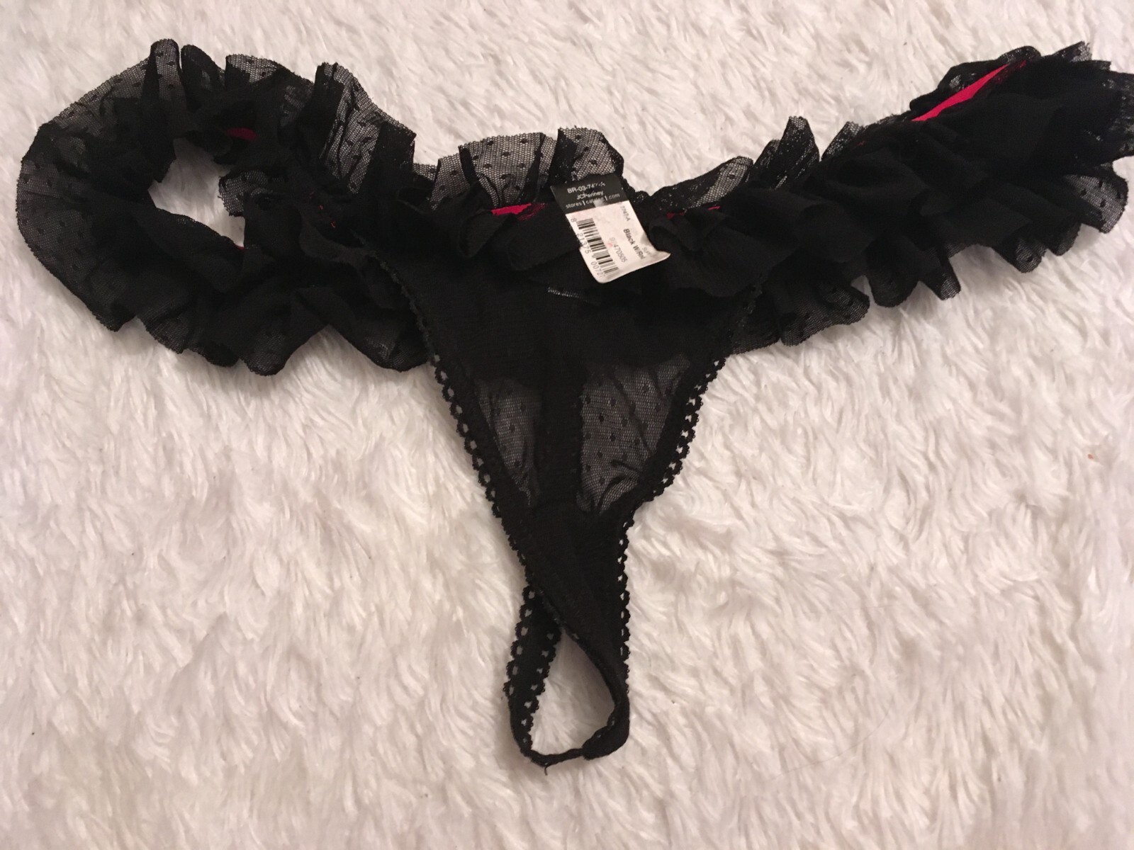 New Vtg L DELICATES Bow RHINESTONE Charm Bling G-String THONG Panty Ruffle Mesh