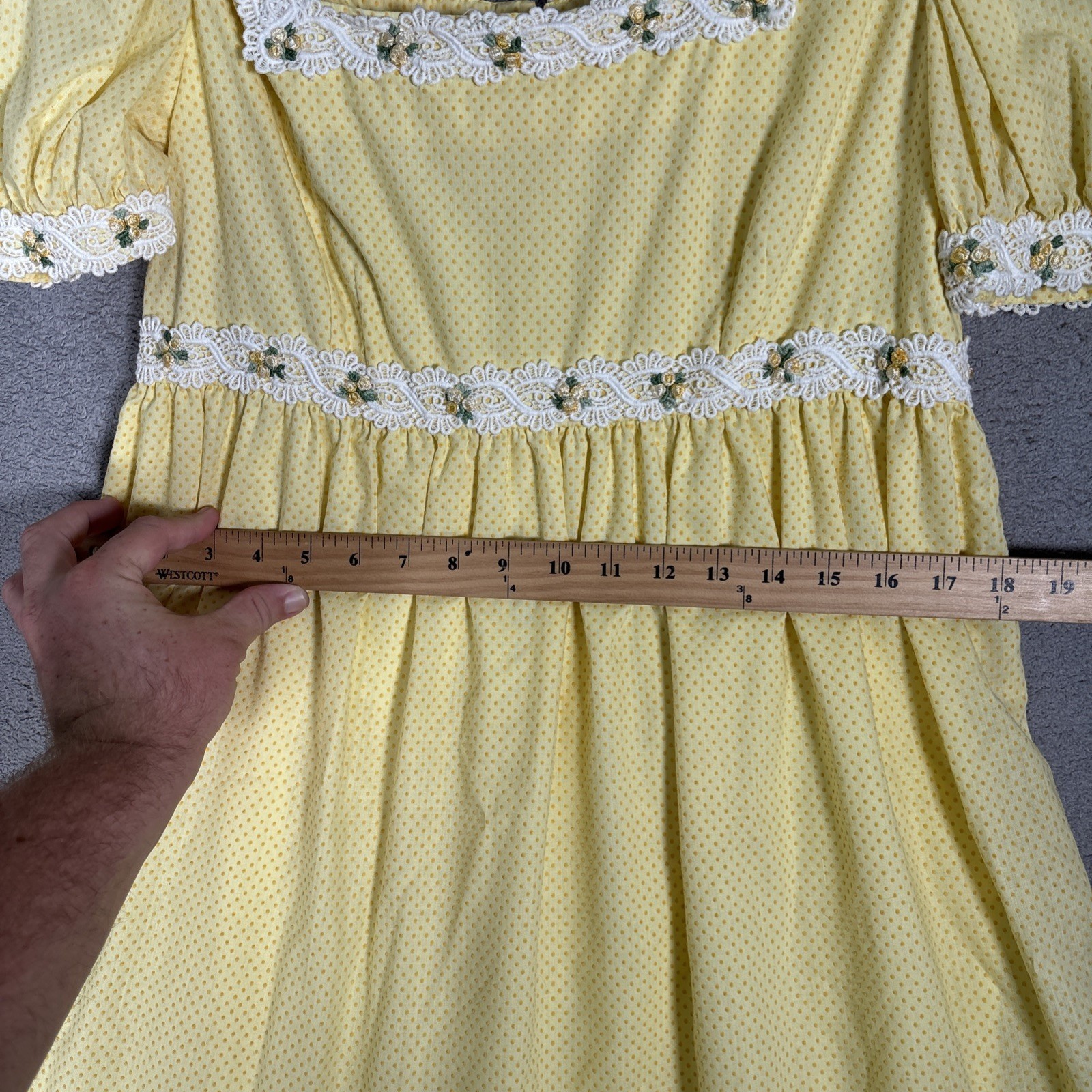 Vintage Yellow Polka Dot Prairie Maxi Dress Lace Trim Cottagecore Puff Sleeve
