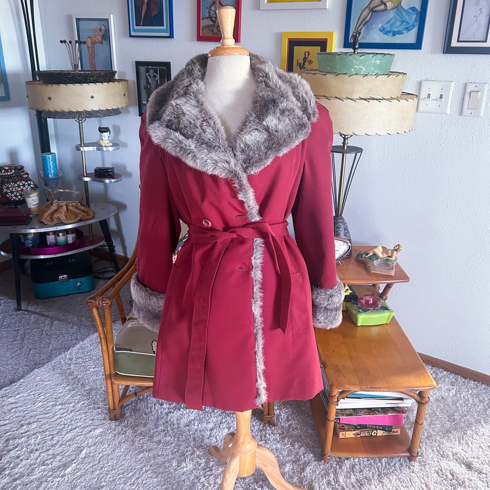 Vintage 1940s Style Coat | Burgundy Wine | Faux Fur Trim | M L | 40s 70s