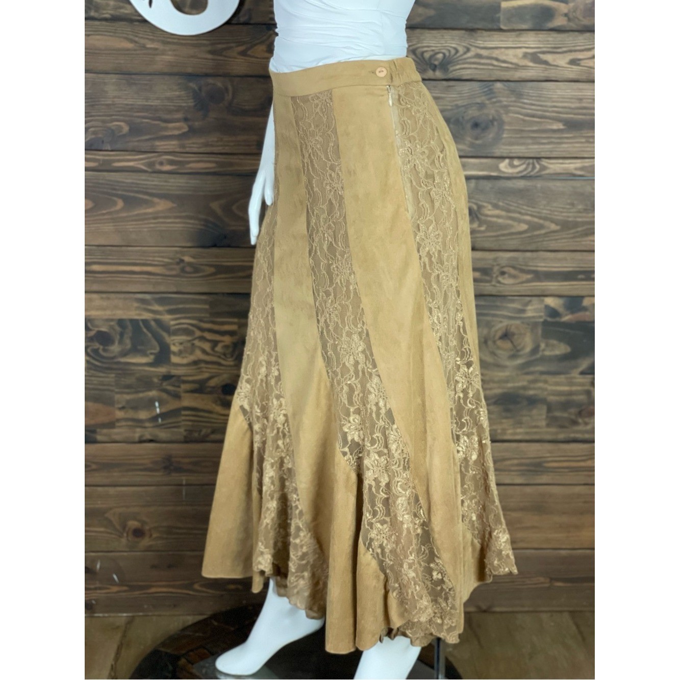 Ribcoff Trends Vintage Lace Panel Midi Skirt Suede Tan Color Flowy Fir and Flare