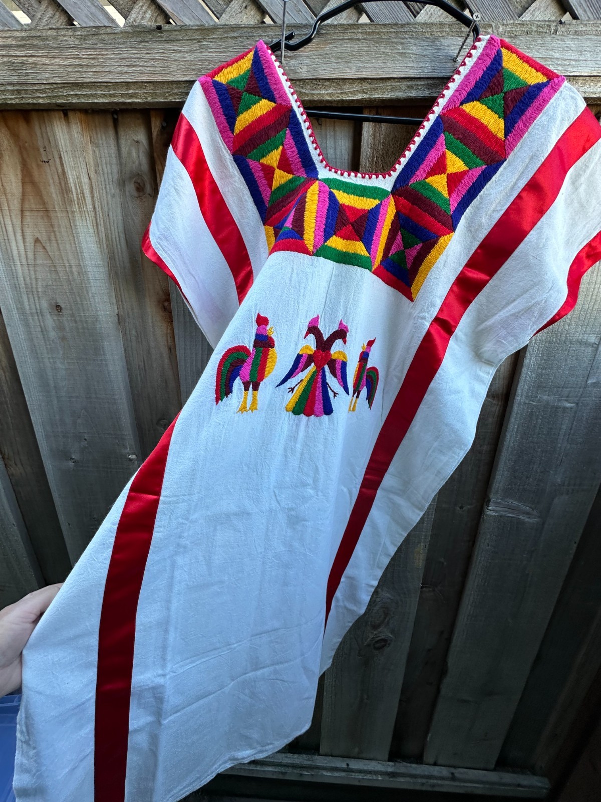 Hand Made Embroidered Mexican dress Ribboned roosters birds chest 46 d47