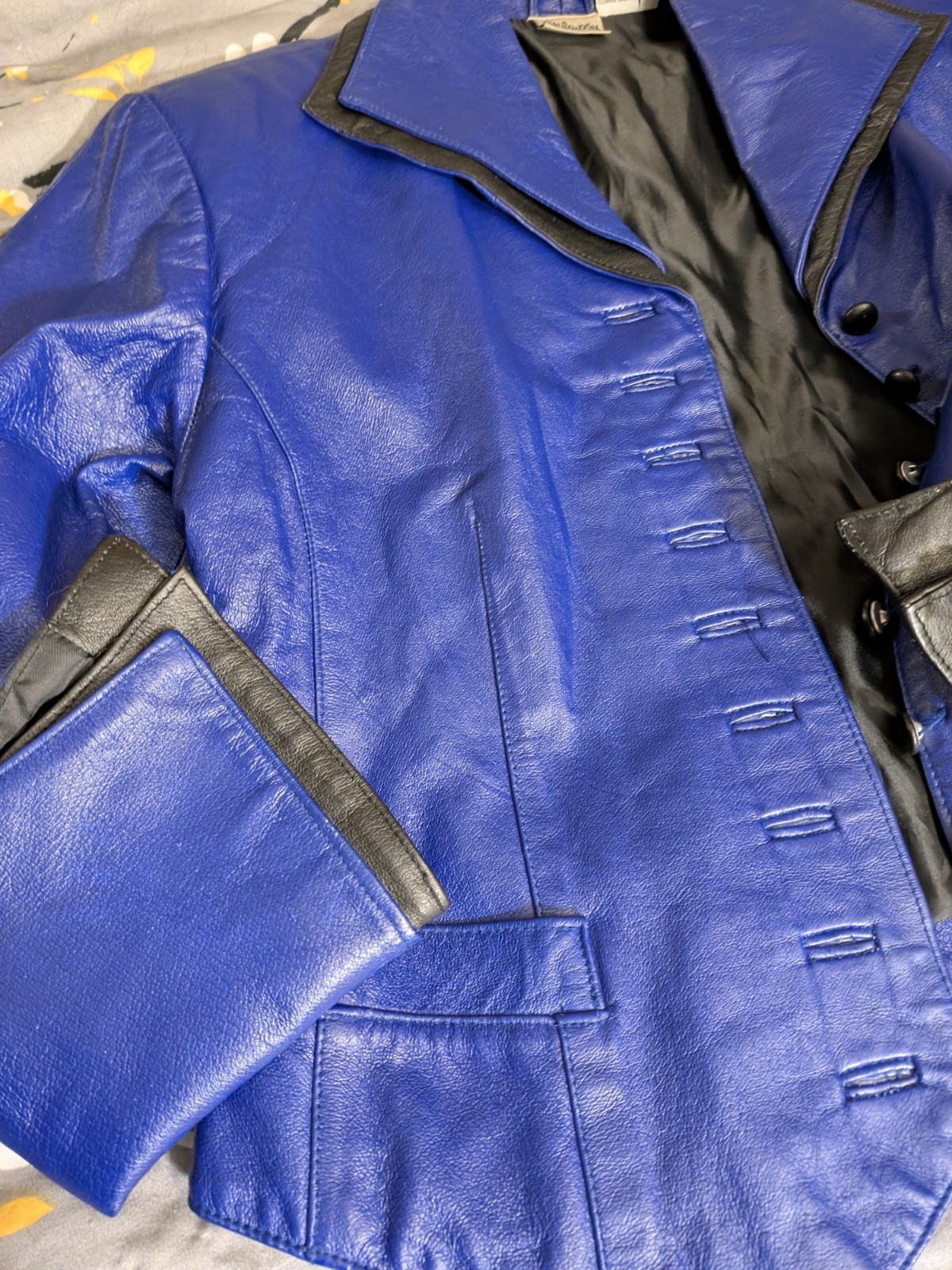 Vtg Leather 2-tone Jacket, Blue With Black Accents, Buttons, Vest Styling Sz 8