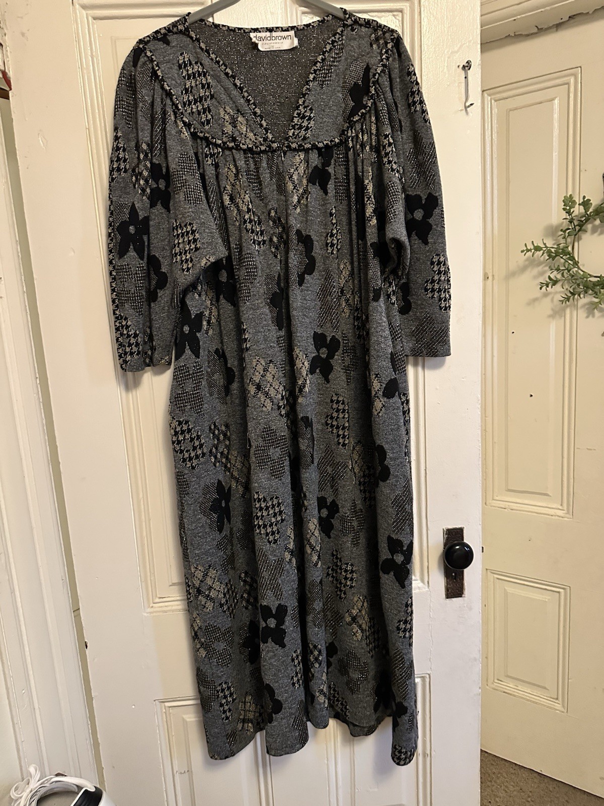 Stunning David Brown, 1970s metallic balloon sleeve houndstooth flower dress