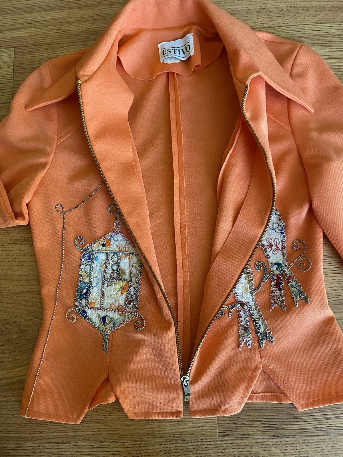Vintage Orange Embroidered Bird Jacket with Dagger Collar Women’s