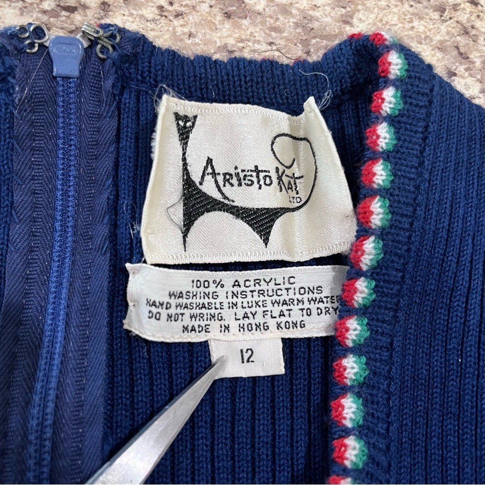 Vintage 1970s Aristo Kat Blue Multicolor Chevron Ribbed Knit Maxi Dress Size 12