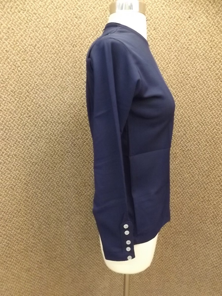NEW Vtg 70s Dark Blue Poly Knit Zipper Back Button Accent Stretch Pullover Sz S