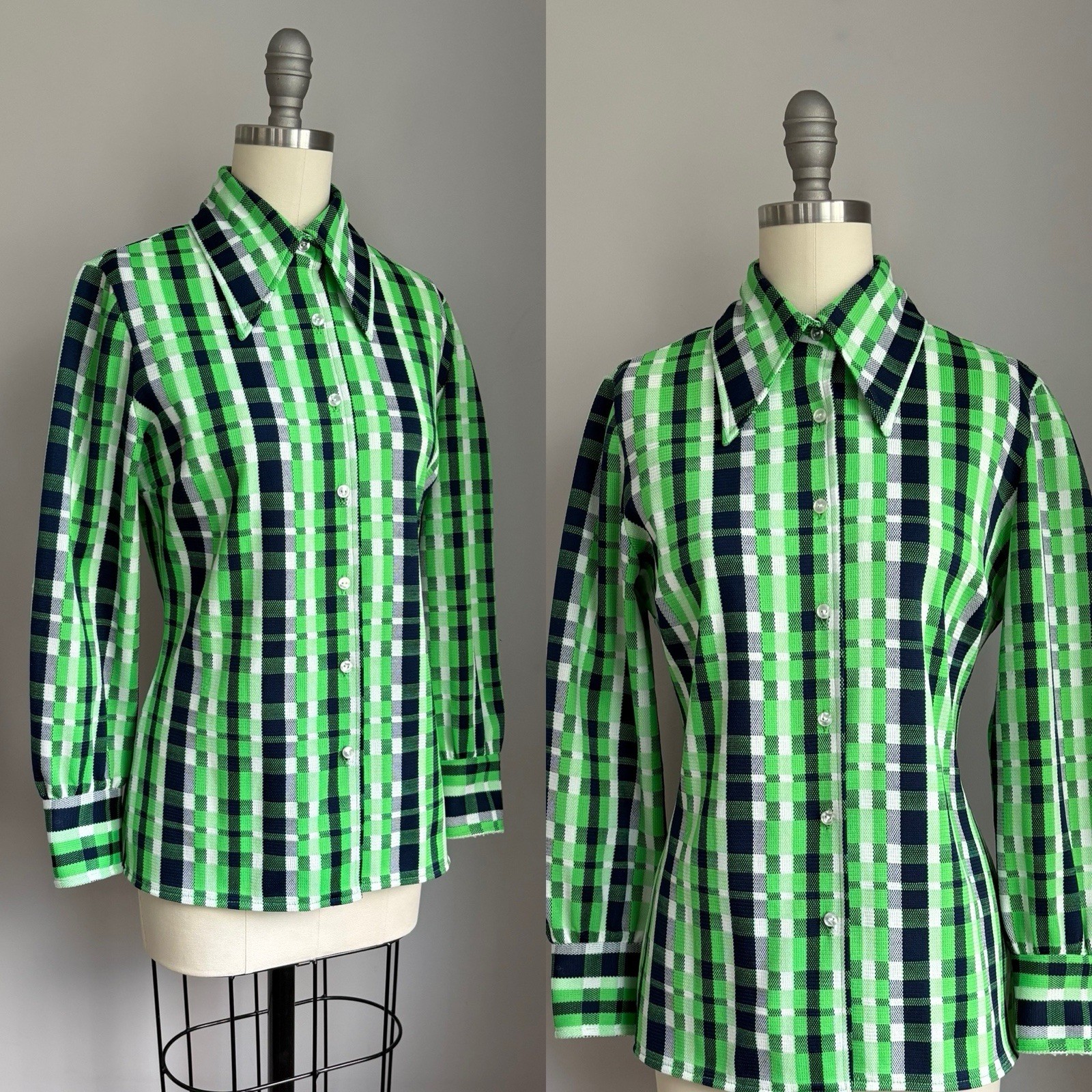 Vintage 1970’s Mod Plaid Polyester Dagger Collar Button Down Shirt Medium
