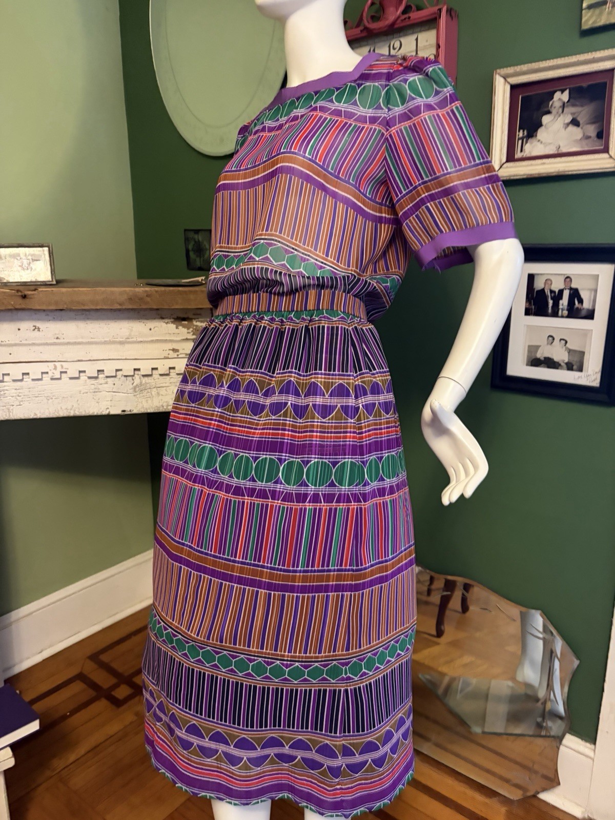 Vtg Willroy Traveler Graphic Print Bold Colors Sheer Set Dress Skirt & Top 36/30